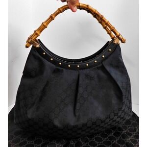 GUCCI Bamboo Black GG Monogram XL Hobo Copper Studs Shoulder‎ Bag